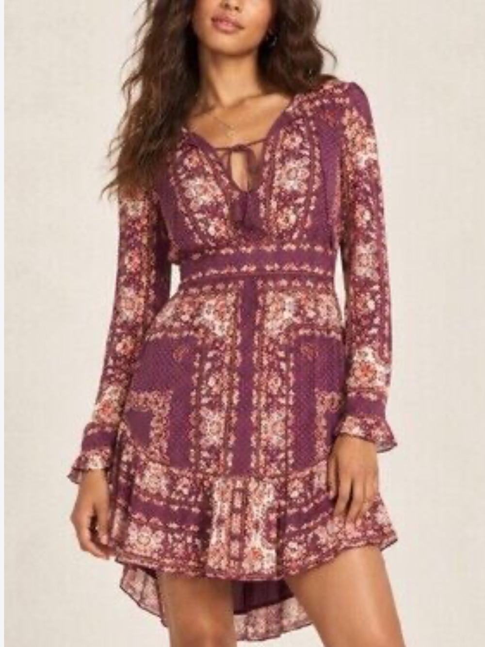 Free People Bridgette Mini Dress Berry Combo Boho Floral Long Sleeve S